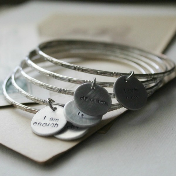 Recycled Silver Bangle With Hand-stamped Word Disc - Inspirational One Bangle Charm Bracelet